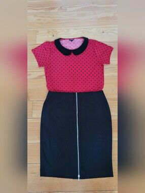 2 Pieces!! Retro Red Polka Dot Peter Pan Collar Top with Black Pencil Skirt